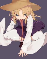 Rule 34 | 1girl, blonde hair, blue eyes, brown footwear, brown hat, full body, hair ribbon, hat, highres, leaning forward, long hair, long sleeves, long tongue, looking at viewer, marsen, moriya suwako, purple background, purple skirt, purple vest, ribbon, shoes, simple background, skirt, sleeves past fingers, sleeves past wrists, solo, squatting, thighhighs, tongue, tongue out, touhou, tress ribbon, vest, white thighhighs, wide sleeves