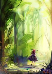 Rule 34 | 1girl, back, bad id, bad pixiv id, bow, embodiment of scarlet devil, female focus, forest, from behind, head wings, jungle, koakuma, long hair, nature, outdoors, path, plant, red hair, relax (artist), road, running, scenery, shoes, skirt, solo, sunlight, touhou, walking, wings