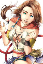 Rule 34 | 00s, 1girl, breasts, brown hair, cleavage, final fantasy, final fantasy x, final fantasy x-2, heterochromia, highres, hiromyan, looking at viewer, simple background, solo, square enix, white background, yuna, yuna (ff10)