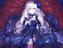 Rule 34 | 1girl, :/, artist request, bad id, bad pixiv id, blue eyes, blue flower, blue rose, breasts, copyright request, deleted pixiv user, dress, earrings, field, fishnets, flower, flower field, gloves, highres, jewelry, large breasts, long hair, looking at viewer, petals, rose, silver hair, source request