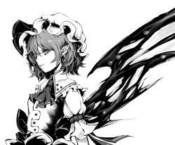Rule 34 | 1girl, absurdres, bat wings, bow, from side, greyscale, hat, hat bow, hat ribbon, highres, looking at viewer, mob cap, monochrome, open mouth, pointy ears, puffy short sleeves, puffy sleeves, remilia scarlet, ribbon, short sleeves, simple background, solo, touhou, upper body, white background, wings, yutapon