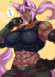 Rule 34 | 1girl, abs, absurdres, animal ears, bare shoulders, belt, breasts, choker, cigar, dantera rina, elbow gloves, fangs, female focus, gloves, hand on own hip, highres, hutago, japanese text, large breasts, looking at viewer, looking away, looking down, midriff, muscular, muscular female, navel, open mouth, pants, ponytail, purple eyes, purple hair, scar, shiny skin, smoke, smoking, solo, sports bra, tail, teeth, text focus, veins, wolf tail