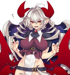 Rule 34 | 1girl, belt, breasts, covered navel, fangs, fingernails, highres, horns, leotard, long hair, low wings, open mouth, original, pointy ears, sharp fingernails, silver hair, simple background, solo, takatsuki ichi, tears, white background, wings, yellow eyes