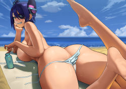 Rule 34 | 1girl, alternate costume, ass, bare legs, barefoot, beach, beach mat, bikini, blue bikini, blue sky, breasts, butt crack, day, eyepatch, feet, feet up, from behind, grin, head on hand, head rest, headgear, kantai collection, large breasts, lasterk, looking at viewer, looking back, lotion, lying, ocean, on stomach, outdoors, purple hair, short hair, sky, smile, solo, sunscreen, swimsuit, tenryuu (kancolle), topless, untied bikini, wet, yellow eyes