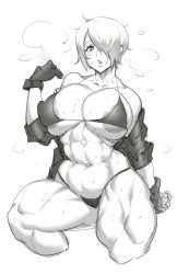 Rule 34 | 10s, 1girl, abs, angel (kof), areola slip, bikini, blush, breasts, cleavage, covered erect nipples, cropped jacket, curvy, eyebrows, eyelashes, fingerless gloves, gloves, gluteal fold, groin, hair over one eye, highres, huge breasts, jacket, large areolae, looking at viewer, micro bikini, monochrome, natedecock, navel, open clothes, open jacket, short hair, simple background, solo, sweat, swimsuit, the king of fighters, thick thighs, thighs, undersized clothes, wide hips