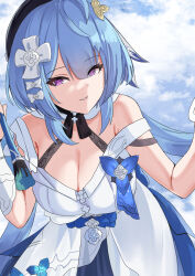 1girl absurdres aged_up bare_shoulders black_beret blue_hair blue_sky breasts cleavage cloud cloudy_sky commentary cowboy_shot dress griseo griseo_(starry_impression) hair_ornament highres holding holding_paintbrush honkai_(series) honkai_impact_3rd large_breasts leaning_forward light_blue_hair looking_at_viewer medium_hair paintbrush purple_eyes purple_pupils sky smile solo strap_slip tian_kazuki white_dress
