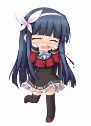 Rule 34 | 1girl, 5pb., :d, ^ ^, black hair, black thighhighs, blood, blush, chibi, closed eyes, drooling, excessive nosebleed, closed eyes, hairband, hands on own cheeks, hands on own face, hayakawa yuriko, loafers, long hair, nosebleed, open mouth, school uniform, shoes, smile, solo, thighhighs, w.l.o sekai ren&#039;ai kikou