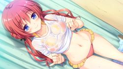 Rule 34 | 1girl, :3, black ribbon, blue eyes, blush, closed mouth, clothes lift, collarbone, dutch angle, feet out of frame, female focus, fuyuichi monme, game cg, hair ribbon, highres, indoors, long hair, looking at viewer, navel, official art, one-piece swimsuit, red hair, red one-piece swimsuit, ren&#039;ai karichaimashita, ribbon, see-through, shirt, shirt lift, smile, solo, standing, swimsuit, swimsuit under clothes, tenma hasumi, twintails, wet, wet clothes, white shirt