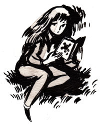 Rule 34 | 1girl, book, commentary, english commentary, full body, grass, greyscale, heikala, highres, holding, holding book, ink (medium), inktober, long hair, looking down, monochrome, monochrome, open book, original, reading, simple background, solo, traditional media