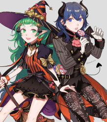Rule 34 | 2girls, absurdres, blue eyes, blue hair, braid, breasts, broom, broom riding, byleth (female) (fire emblem), byleth (fire emblem), byleth (male) (fire emblem), candy, fire emblem, fire emblem: three houses, fire emblem heroes, food, green eyes, green hair, grey background, halloween costume, hat, highres, horns, jacket, long hair, looking at viewer, matching hair/eyes, medium hair, messy hair, multiple girls, nintendo, official alternate costume, pantyhose, pantyhose under shorts, peach11 01, ribbon braid, short shorts, shorts, simple background, sothis (fire emblem), striped clothes, striped jacket, thighhighs, twin braids, vampire costume, very long hair, witch, witch hat