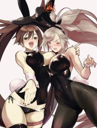 Rule 34 | 2girls, alternate costume, amputee, animal ears, baiken, big hair, bikini, bikini bottom only, black bow, black legwear, black leotard, black shirt, blush, bow, breasts, brown eyes, brown hair, cleavage, commentary request, covered navel, facial tattoo, fake animal ears, guilty gear, guilty gear xrd, hair between eyes, high ponytail, highres, jako (toyprn), kuradoberi jam, large breasts, leotard, long hair, multiple girls, nail polish, one-eyed, open mouth, outstretched hand, pantyhose, pink eyes, pink hair, playboy bunny, ponytail, rabbit ears, red nails, scar, scar across eye, scar on face, shirt, side-tie bottom, sidelocks, sleeveless, sleeveless shirt, swept bangs, swimsuit, tattoo, thigh strap, thighhighs, very long hair, white background, wrist cuffs