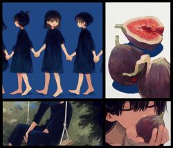 Rule 34 | 6+girls, barefoot, between legs, black border, black dress, black hair, black pants, black shirt, blue background, bob cut, border, closed eyes, closed mouth, collage, double bun, dress, feet out of frame, fig, fingernails, food, fruit, full body, green eyes, hair bun, hand between legs, head out of frame, highres, holding, holding food, holding fruit, holding hands, ka (marukogedago), long bangs, looking at another, medium hair, multiple girls, original, outdoors, own hands together, pants, portrait, shirt, short hair, short sleeves, simple background, sitting, sleeves past elbows, smile, standing, swing, walking, white background