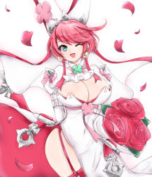Rule 34 | 1girl, areola slip, breasts, chemaru (a8l), cleavage, clover, dress, earrings, elphelt valentine, flower, four-leaf clover, guilty gear, guilty gear xrd, jewelry, large breasts, one eye closed, petals, pink flower, pink hair, rose, short hair, simple background, solo, white background, white dress