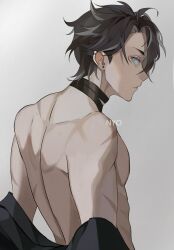 Rule 34 | 1boy, absurdres, black choker, black hair, blue eyes, choker, commentary, earrings, english commentary, from side, genshin impact, highres, jewelry, male focus, nyozantium, pectorals, profile, scar, scar on arm, scar on back, signature, solo, stud earrings, toned, toned male, topless male, wriothesley (genshin impact)