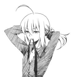 Rule 34 | 1girl, adjusting hair, ahoge, artoria pendragon (fate), fate/zero, fate (series), greyscale, long hair, monochrome, mouth hold, ponytail, saber (fate), solo, sworgun, traditional media, tying hair