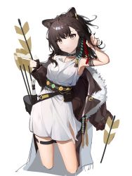 1girl animal_ear_fluff animal_ears arknights arrow_(projectile) bare_shoulders black_gloves black_hair black_jacket brown_eyes collarbone commentary_request cropped_legs dress fingerless_gloves fringe_trim fur-trimmed_jacket fur_trim gloves highres holding holding_arrow jacket jacket_partially_removed knife long_hair long_sleeves lunacub_(arknights) oeuia simple_background single_glove sleeveless sleeveless_dress solo white_background white_dress