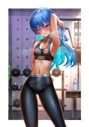 Rule 34 | 1girl, absurdres, alternate costume, angry, arm behind back, arm up, armpits, blue eyes, blue hair, blush, border, bottle, breasts, breath, closed mouth, collarbone, commentary, earrings, exercise machine, feet out of frame, green ribbon, grey eyes, gym, hair ornament, hair ribbon, highres, hololive, hoshimachi suisei, indoors, jagoo, jewelry, long hair, looking at viewer, multicolored hair, nipple cutout, nipples, official alternate hair length, official alternate hairstyle, pants, plant, ribbon, small breasts, sports bra, sportswear, star (symbol), star hair ornament, stomach, sweat, two-tone hair, variant set, virtual youtuber, water bottle, weights, white border