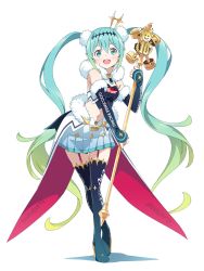 Rule 34 | 1girl, artist request, boots, commentary request, detached collar, elbow gloves, full body, fur trim, garter straps, gloves, gold trim, goodsmile racing, gradient hair, green eyes, green hair, hair ornament, hatsune miku, high heel boots, high heels, highres, holding, logo, long hair, looking at viewer, midriff, multicolored hair, official art, open mouth, overskirt, pleated skirt, race queen, racing miku, racing miku (2018), skirt, sleeveless, smile, solo, standing, thigh boots, thighhighs, twintails, very long hair, vocaloid