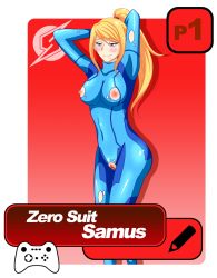 Rule 34 | 1girl, arms behind head, artist name, blonde hair, blue eyes, bodysuit, breast cutout, breasts, character name, clitoris, covered navel, crotch cutout, gradient background, highres, ilustretsspoks, large breasts, looking at viewer, metroid, mole, mole under mouth, nintendo, nipples, ponytail, pussy, samus aran, skin tight, solo, torn clothes, uncensored, zero suit