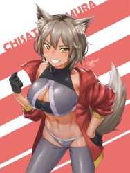 Rule 34 | 1girl, animal ear fluff, animal ears, awono nanaumi, bikini, black gloves, blush, breasts, character name, cleavage, cleavage cutout, clothing cutout, commentary request, covered collarbone, cowboy shot, fox ears, gloves, grey bikini, grey hair, grey leggings, grin, groin, haimura chisato, hair between eyes, half gloves, hand on own hip, hand up, highres, jacket, large breasts, leggings, looking at viewer, midriff, navel, off shoulder, original, red background, red jacket, short hair, sidelocks, signature, skindentation, sleeves rolled up, smile, solo, sports bikini, standing, swimsuit, tail, teeth, thick eyebrows, two-tone background, white background, wolf ears, wolf girl, wolf tail, yellow eyes