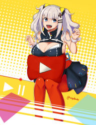 Rule 34 | 1girl, absurdres, bare shoulders, black dress, blunt bangs, breast rest, breasts, claw pose, cleavage, cleavage cutout, clothing cutout, dress, hair ornament, hairclip, highres, kaguya luna, kion-kun, large breasts, long hair, looking at viewer, obi, open mouth, pillow, red thighhighs, ribbon, sash, sharp teeth, sideboob, silver hair, sitting, sleeveless, sleeveless dress, striped ribbon, teeth, the moon studio, thighhighs, twintails, twitter username, virtual youtuber, white ribbon, wrist ribbon, x hair ornament, youtube