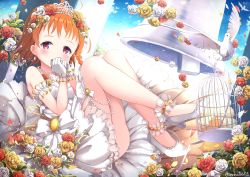 Rule 34 | 1girl, ahoge, armband, bell, bird, birdcage, braid, cage, commentary, covering own mouth, crossed ankles, dove, dress, english commentary, flower, gloves, hair flower, hair ornament, hand to own mouth, hands up, high heels, jewelry, knees up, looking at viewer, love live!, love live! school idol festival, love live! sunshine!!, necklace, niwasane (saneatsu03), orange hair, pearl necklace, red eyes, red flower, red rose, ribbon, rose, short hair, side braid, solo, takami chika, thighlet, tiara, twitter username, wedding dress, white dress, white flower, white footwear, white gloves, white ribbon, white rose, yellow flower, yellow rose