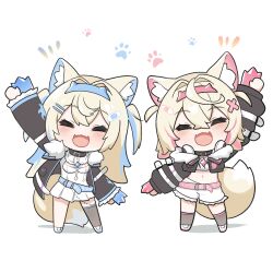 Rule 34 | 2girls, animal ear fluff, animal ears, animal hands, arm up, bandaid, bandaid hair ornament, belt, belt collar, black collar, blonde hair, blue hairband, blush, chibi, closed eyes, collar, commentary, cropped shirt, crossed bangs, dog ears, dog girl, dog tail, dress, fake claws, fake horns, full body, fur-trimmed jacket, fur trim, fuwawa abyssgard, fuwawa abyssgard (1st costume), hair between eyes, hair intakes, hair ornament, hairband, headband, highres, hololive, hololive english, horns, jacket, long hair, long sleeves, medium hair, midriff, mococo abyssgard, mococo abyssgard (1st costume), multicolored hair, multiple girls, notice lines, open mouth, pink belt, pink headband, pleated skirt, short shorts, shorts, siblings, simple background, sisters, skirt, smile, snowmya, standing, streaked hair, tail, twins, two side up, virtual youtuber, white background, white dress, white shorts, x hair ornament