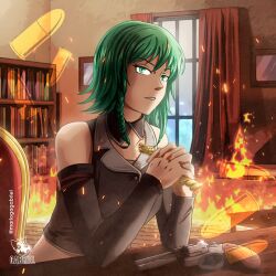Rule 34 | 1girl, arson, bare shoulders, bookshelf, braid, bullet, chair, collared jacket, commentary, crop top, curtains, desk, detached collar, detached sleeves, elbow rest, embers, evillious nendaiki, green eyes, green hair, grey jacket, grey sleeves, grim the end, gumi, gun, handgun, holding, holding key, indoors, interlocked fingers, jacket, key, looking at viewer, mario gagabriel, midriff, nemesis no juukou (vocaloid), nemesis sudou, own hands clasped, own hands together, parted lips, red nails, revolver, short hair, side braid, sidelocks, sideways glance, solo, vessel of sin, vocaloid, weapon, window