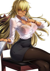 Rule 34 | 1girl, blonde hair, bra, bra visible through clothes, bracelet, breasts, chair, cleavage, cluseller, collarbone, commentary request, commission, crossed legs, dark-skinned female, dark skin, fire emblem, fire emblem: the binding blade, glasses, holding, igrene (fire emblem), jewelry, large breasts, lips, long hair, miniskirt, mole, mole under eye, nintendo, pantyhose, pencil, red-framed eyewear, red bra, see-through, shiny clothes, shiny skin, shirt, simple background, sitting, skeb commission, skirt, sleeves rolled up, smile, solo, underwear, white shirt