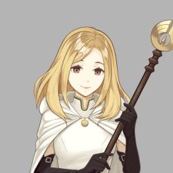Rule 34 | 1girl, absurdres, blonde hair, bracelet, cleric, dakkalot, dress, gloves, hat, highres, jewelry, long hair, looking at viewer, necklace, octopath traveler, octopath traveler i, ophilia (octopath traveler), priestess, short hair, simple background, smile, solo, staff, yellow eyes