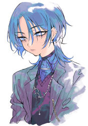 Rule 34 | 1girl, absurdres, black sweater, blue eyes, blue hair, blue shirt, blush, closed mouth, collared shirt, earclip, grey jacket, highres, hiodoshi ao, hololive, hololive dev is, jacket, jewelry, kakult2017, looking down, mole, mole under eye, necklace, open clothes, open jacket, shirt, short hair, simple background, solo, sweater, upper body, virtual youtuber, white background