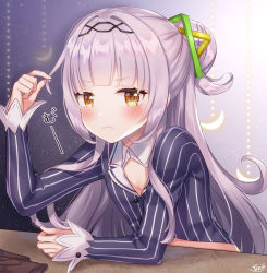 Rule 34 | 1girl, black shirt, blunt bangs, blush, brown eyes, brown gloves, buttons, closed mouth, commentary request, crescent, crop top, detached collar, frown, gloves, hair bun, hair ornament, hand up, holding, holding hair, hololive, light particles, long hair, long sleeves, looking at viewer, murasaki shion, murasaki shion (1st costume), naomi (fantasia), pinstripe pattern, pinstripe shirt, shirt, sidelocks, signature, silver hair, single hair bun, single side bun, solo, striped clothes, striped shirt, table, unworn gloves, v-shaped eyebrows, vertical-striped clothes, vertical-striped shirt, virtual youtuber, wing collar