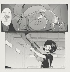 Rule 34 | 1boy, 1girl, 2koma, air duct, assault rifle, beard, blood, blood on clothes, bow, bullpup, christmas, comic, commentary, crawling, die hard, english commentary, english text, facial hair, gun, hair bow, hat, holding, holding gun, holding sack, holding weapon, holly (tyrone), lighter, muscular, muscular male, parody, rifle, sack, santa claus, santa hat, scene reference, speech bubble, steyr aug, tank top, thick eyebrows, tooth gap, tyrone, weapon, zippo lighter