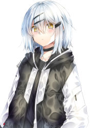 Rule 34 | 1girl, :&lt;, bad id, bad pixiv id, black choker, black jacket, black shirt, blush, choker, closed mouth, collarbone, commentary request, drawstring, eyes visible through hair, hair between eyes, hair ornament, hairclip, highres, hood, hood down, hooded jacket, jacket, long sleeves, looking at viewer, open clothes, open jacket, original, shirt, short hair, signature, silver hair, simple background, solo, upper body, white background, white sleeves, yellow eyes, yuihira asu
