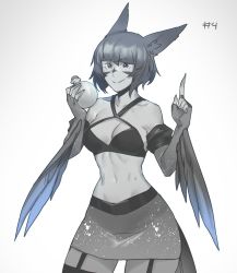 Rule 34 | 1girl, absurdres, animal ear fluff, animal ears, bare shoulders, blunt bangs, breasts, collarbone, commentary, cowboy shot, facial mark, fingerless gloves, flask, garter straps, gloves, grey background, greyscale, highres, holding, holding flask, index finger raised, less, looking at viewer, medium breasts, midriff peek, monochrome, navel, original, short hair, simple background, skirt, smile, solo, winged arms, wings