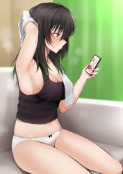 Rule 34 | 1girl, absurdres, arm up, armpits, bare legs, black hair, black shirt, blush, bow, bow panties, breasts, cellphone, cleavage, closed mouth, collarbone, commentary request, couch, from side, green eyes, highres, holding, holding phone, indoors, kitaku (nakamachi machi), large breasts, long hair, love live!, love live! nijigasaki high school idol club, love live! school idol project, no bra, no pants, on couch, panties, phone, profile, shirt, sitting, smartphone, solo, stomach, sweat, takasaki yu, tank top, thighs, towel, underwear, underwear only, white panties