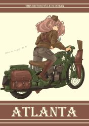 Rule 34 | 1girl, absurdres, alternate costume, anchor hair ornament, artist name, atlanta (kancolle), boots, brown footwear, brown hair, brown hat, brown jacket, character name, english text, from behind, full body, garrison cap, grey eyes, grey pants, hair ornament, hat, highres, indian (motorcycle), jacket, kantai collection, long hair, looking at viewer, motor vehicle, motorcycle, pants, pot-de, solo, twitter username, two side up, vehicle name