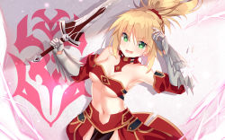 Rule 34 | &gt;:d, 1girl, :d, absurdres, arm up, armor, armpits, bare shoulders, bikini armor, blonde hair, blush, breasts, cleavage, collar, electricity, emblem, fate/apocrypha, fate (series), gauntlets, green eyes, hair ornament, hair scrunchie, highres, holding, holding sword, holding weapon, jyt, long hair, medium breasts, mordred (fate), mordred (fate/apocrypha), navel, open mouth, ponytail, scrunchie, smile, solo, stomach, strapless, sword, underboob, unsheathed, upper body, v-shaped eyebrows, waist cape, weapon