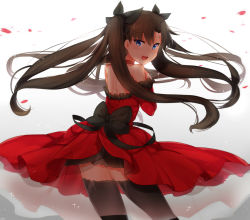 Rule 34 | 1girl, :d, bare shoulders, black thighhighs, blue eyes, blush, bow, brown hair, detached sleeves, dress, fate/stay night, fate (series), frilled dress, frills, hair ribbon, jewelry, long hair, looking back, necklace, open mouth, ribbon, smile, solo, strapless, strapless dress, suurin (ksyaro), thighhighs, tohsaka rin, twintails