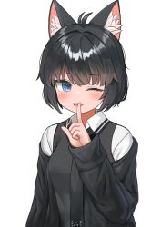 Rule 34 | 1girl, ;d, absurdres, animal ear fluff, animal ears, antenna hair, black hair, black jacket, black neckwear, blue eyes, breasts, cat ears, collared shirt, commentary, commission, english commentary, finger to mouth, hand up, highres, index finger raised, jacket, long sleeves, looking at viewer, off shoulder, one eye closed, open clothes, open jacket, open mouth, original, pocari (sq551), sharp teeth, shirt, short hair, shushing, simple background, sleeves past wrists, small breasts, smile, solo, sweater vest, teeth, upper body, white background, white shirt