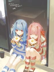 Rule 34 | 2girls, blue hair, blue shirt, bread, closed eyes, commentary, commission, day, doorway, eating, egg, food, fried egg, fried egg on toast, glass door, hair intakes, highres, holding, holding food, kakine, kotonoha akane, kotonoha aoi, long hair, looking at another, multiple girls, open mouth, pink hair, pink shirt, plant, potted plant, red eyes, shirt, shorts, siblings, sidelocks, sisters, sitting, skeb commission, sliding doors, smile, socks, striped clothes, striped shirt, striped shorts, striped socks, toast, translated, voiceroid