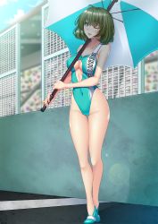 Rule 34 | 10s, 1girl, ame isshiki, aqua leotard, aqua one-piece swimsuit, blue eyes, breasts, cleavage, cleavage cutout, clothes writing, clothing cutout, fence, green eyes, hair between eyes, heterochromia, high heels, highleg, highleg leotard, highleg swimsuit, highres, holding, holding umbrella, idolmaster, idolmaster cinderella girls, leotard, mole, mole under eye, one-piece swimsuit, one eye closed, race queen, short hair, solo, standing, swimsuit, takagaki kaede, thighs, umbrella