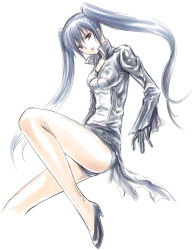Rule 34 | 1girl, black eyes, black gloves, black shorts, blue hair, collarbone, d.gray-man, floating hair, gloves, hair between eyes, high heels, highres, lenalee lee, long hair, looking at viewer, open mouth, shirt, short shorts, shorts, simple background, sketch, solo, twintails, uonuma yuu, very long hair, white background, white shirt