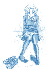 Rule 34 | 10s, bbb (friskuser), blue theme, braid, commentary request, feet, french braid, girls und panzer, greyscale, hair up, highres, loafers, long sleeves, looking at viewer, monochrome, necktie, on ground, orange pekoe (girls und panzer), pantyhose, pleated skirt, school emblem, school uniform, shoes, unworn shoes, skirt, smile, solo, st. gloriana&#039;s school uniform, sweater, wall, white background
