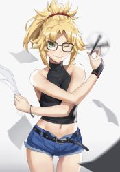 Rule 34 | 1girl, bare shoulders, belt, black shirt, blush, braid, breasts, closed mouth, cutoffs, denim, denim shorts, fate/apocrypha, fate (series), french braid, glasses, green eyes, hair ornament, hair scrunchie, highres, long hair, looking at viewer, midriff, mordred (fate), mordred (fate/apocrypha), navel, one eye closed, paper, parted bangs, pen, ponytail, red scrunchie, scrunchie, shirt, shorts, sidelocks, sleeveless, small breasts, solo, thighs, tonee, v-shaped eyebrows, white background