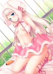Rule 34 | 1girl, animal ears, animal hat, barefoot, bed, blue eyes, blush, bow, breasts, carrot, closed mouth, clothes lift, eyebrows, food, grass, hat, itou nanami, leg ribbon, lifting own clothes, long hair, looking at viewer, midriff, navel, neck ribbon, no bra, original, panties, pink skirt, rabbit ears, rabbit hat, railing, ribbon, side-tie panties, skirt, skirt lift, sleeveless, small breasts, smile, solo, squatting, string panties, striped bow, striped clothes, striped skirt, text focus, underboob, underwear, very long hair, white hair, wrist cuffs