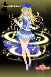 Rule 34 | 1girl, :d, absurdres, bang dream!, beret, blonde hair, blue cape, blue footwear, blue hat, blush, bow, bowtie, cape, center frills, character name, constellation print, dark background, dress, frilled shirt collar, frilled sleeves, frills, full body, group name, hat, hat bow, highres, index finger raised, long hair, long sleeves, looking at viewer, musical note, open mouth, print dress, smile, solo, standing, striped, striped bow, tsurumaki kokoro, waist cape, yellow bow, yellow bowtie, yellow eyes, yohane yoshiko, zoom layer