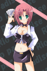 Rule 34 | 1girl, blush, bow, bowtie, breasts, card, cleavage, cowboy shot, crop top, crop top overhang, croupier, female focus, green eyes, hand on own hip, hinata momo, holding, holding card, looking at viewer, midriff, miniskirt, navel, pencil skirt, pink hair, rio rollins, short hair, skirt, smile, solo, super blackjack