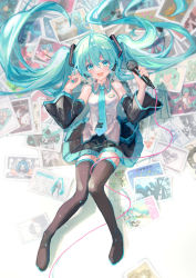 Rule 34 | 1girl, absurdres, black thighhighs, hatsune miku, highres, looking at viewer, marutani, microphone, necktie, open mouth, smile, thighhighs, twintails, vocaloid
