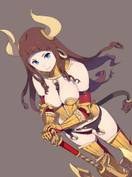 Rule 34 | 1girl, armor, axe, bare shoulders, battle axe, bikini armor, blue eyes, blunt bangs, breasts, brown hair, closed mouth, cow girl, dutch angle, earrings, elbow gloves, enkyo yuuichirou, feet out of frame, floating hair, garter belt, gauntlets, gloves, grey background, hands on hilt, highres, hisho collection, hoop earrings, horns, jewelry, large breasts, looking at viewer, armored boots, red gloves, red thighhighs, simple background, smile, solo, standing, thighhighs, weapon
